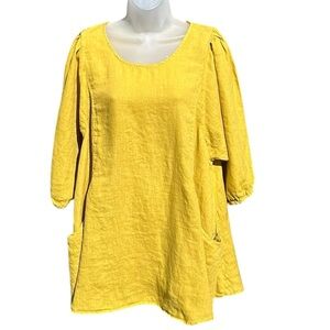 MATCH POINT XL Chartreuse HLT377 Linen Artist Lagenlook Puff Sleeve Blouse‎ Top.